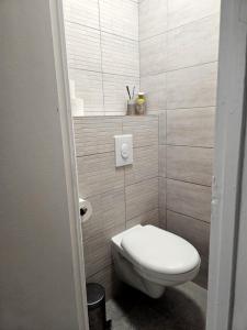 a bathroom with a white toilet in a room at Cozy haven in Venise Provençale in Martigues