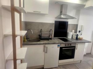 a small kitchen with a sink and a stove at Cozy haven in Venise Provençale in Martigues
