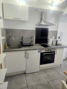 a kitchen with a sink and a stove top oven at Cozy haven in Venise Provençale in Martigues