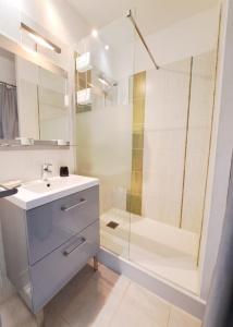 a bathroom with a shower and a sink and a mirror at L'Océanic in Saint-Georges-de-Didonne +18 photos