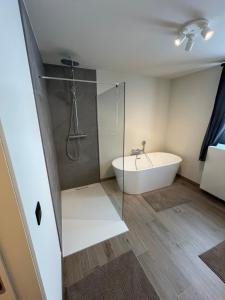 a bathroom with a tub and a glass shower at Villa Médard in Bruges +16 photos