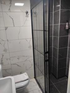 a bathroom with a shower and a toilet at Garden Prizma Rooms&Aparts in Kemer +20 photos