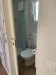 a bathroom with a toilet and a glass shower at Mobile Home Drage Tara in Drage +29 photos