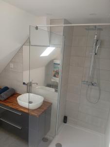 a bathroom with a glass shower and a sink at Cote d'opale Terre & Mer in Outreau