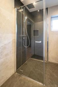 a shower with a glass door in a bathroom at Appartement Bergblick Eben in Eben im Pongau +45 photos