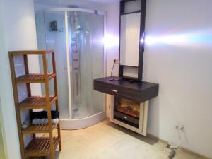 a bathroom with a fireplace and a shower with a mirror at Comfortable Apartment in Waterloo with Jacuzzi - 78m² in Waterloo