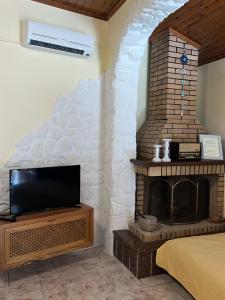 a living room with a fireplace and a television at VILLA CHRYSANTHOS in Ágios Matthaíos