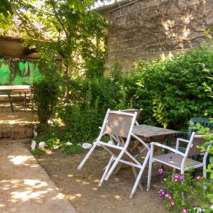 two chairs and a table in a garden at Charmant studio à Néris-les-Bains 20 m² avec jardin privé in Néris-les-Bains