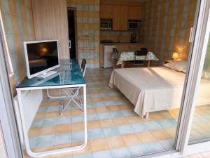 a bedroom with a bed and a desk with a television at Studio charmant dans Brioude – 25 m² avec terrasse et parking in Brioude