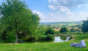 a view of a pond in a grassy field at Studio cosy à Camembert - 20 m² avec terrasse et parking in Camembert