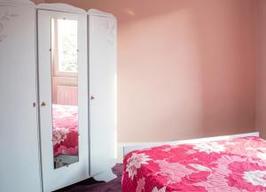 a bedroom with pink walls and a bed and a mirror at Appartement charmant à Plancher-les-Mines 40 m² avec jardin in Plancher-les-Mines