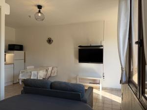 a living room with a blue couch and a table at Studio cosy tout confort proche ARKEMA in Château-Arnoux-Saint-Auban