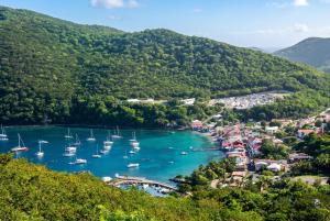 a view of a harbor with boats in the water at Maison charmante Deshaie + Vue in Deshaies +4 photos