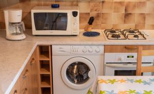 a kitchen with a microwave and a washing machine at Appartement avec piscine à Montpezat-de-Quercy 40 m² in Montpezat-de-Quercy