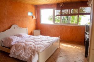 a bedroom with a bed in a room with a window at Bungalow cosy à Saint-Leu, vue sur la mer. in Saint-Leu