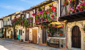a row of buildings with flowers on their balconies at Charming Villa with Private Pool in La Calzada de Béjar in La Calzada de Béjar +15 photos