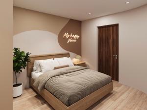 a bedroom with a bed and a sign that reads my happy place at Sanora Hotel in Hanoi +14 photos