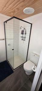 a bathroom with a toilet and a glass shower at Studio in Quindalup bay in Quindalup