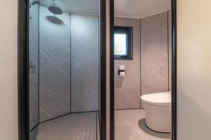 a bathroom with a shower and a toilet at Futura 2 in Borgo