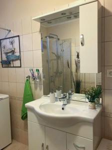 a bathroom with a sink and a mirror at Lily House in Balatonvilágos +42 photos