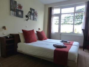 ein Schlafzimmer mit einem Bett mit roten Kissen und einem Fenster in der Unterkunft Hotel Restaurant Het Roode Hert in Dalfsen