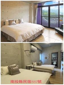 two pictures of a bedroom with a large bed at Mei Jen house B&B 日月潭民宿 in Yuchi