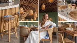 a collage of four pictures of a woman sitting at a table at Lagoona Eco Resort Binh Chau in Binh Chau +20 photos