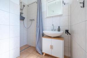 a bathroom with a sink and a shower at Nordisch Nest in Bistensee +15 photos