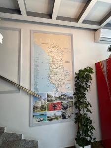 a map hanging on a wall with a plant at Hotel Golden in Shkodër