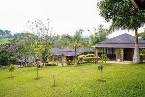 a yard with trees in front of a house at Nohsngithiang Estate in Borpāni