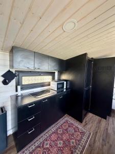 a kitchen with black cabinets and a black refrigerator at Aurora Forest Cabin in Rovaniemi