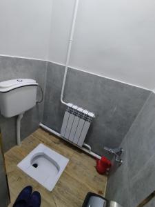 a bathroom with a white toilet in the floor at Aziz House in Naryn