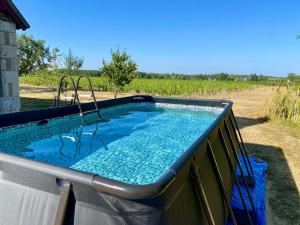 a swimming pool on the side of a house at B&B Les hirondelles du moulin, Val de Loire in Sassay