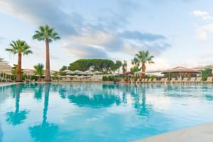 a large swimming pool with palm trees and umbrellas at Caladune Resort in Pizzo