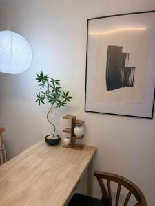 a wooden table with a potted plant on top of it at 헤이데이서울 in Seoul