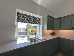 a kitchen with a sink and a window with a sunflower at Ballyconneely Lodge in Ballyconneely