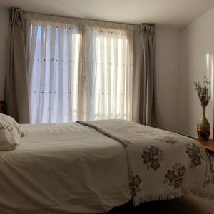 a bedroom with a bed and a window with curtains at El Balcón de La Vega in Vinuesa