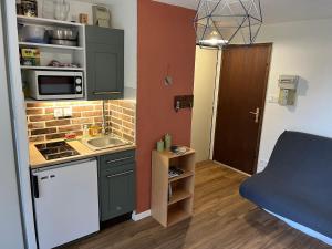 a small kitchen with a sink and a microwave at EcrAin Montagnard in Lélex