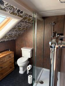 ein Badezimmer mit Toilette und Glasdusche in der Unterkunft Bear House B&B, Ensuite room above the Brachio Cafe, Colyton in Colyton + 22 Fotos