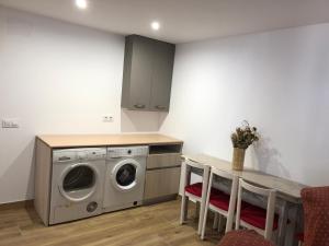 a kitchen with a washing machine and a table at Entre Micelios in Vinuesa