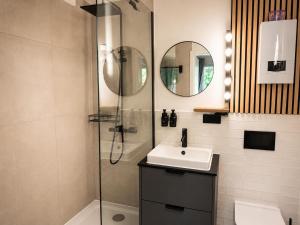 a bathroom with a shower and a sink and a mirror at Apartment am Innenstadtwall in Stadthagen +3 photos