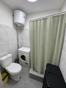 a bathroom with a toilet and a shower curtain at Global Hostel 3 in Almaty