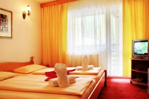2 Betten in einem Hotelzimmer mit Handtüchern darauf in der Unterkunft Pensiunea Mai in Răşinari