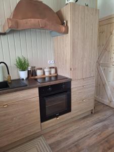 a kitchen with a sink and a stove at Nadmorska Przystań in Gdańsk
