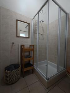 a shower with a glass door in a bathroom at Glendale Cottage in Bloemfontein