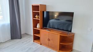 a tv in a wooden entertainment center with a bed at Petite Haven in Grobiņa
