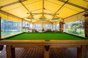 a pool table in a house with awning at Osada nad Wdą w Borsku in Borsk