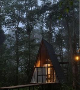 a small house in the woods at night at The hideout peaks in Bhīm Tāl