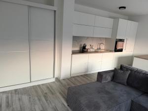 a living room with a couch and a kitchen at Stan centar Gračanica in Gračanica