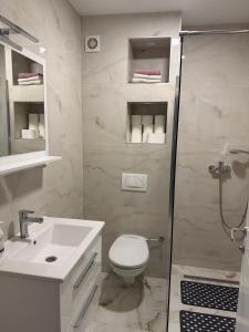 a bathroom with a toilet and a sink and a shower at Stan centar Gračanica in Gračanica